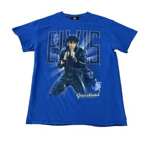Elvis Presley Graceland Men's Graphic T Shirt Blue Size Medium 19 x 26.5